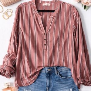 Dusty Rose Striped Blouse | Casual Chic Button Detail Top